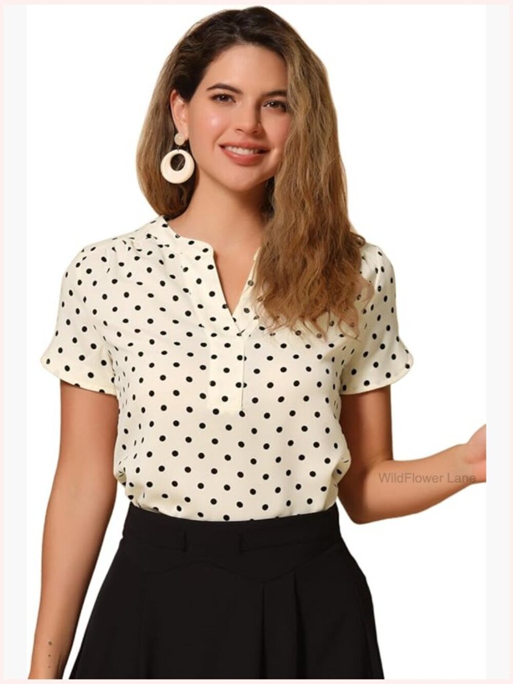 Polka Dot V Neck Short Sleeve Blouse - Work Office Top